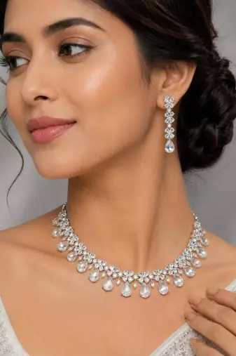 White ad & agate stone designer necklace set with earrings – rhodium plated