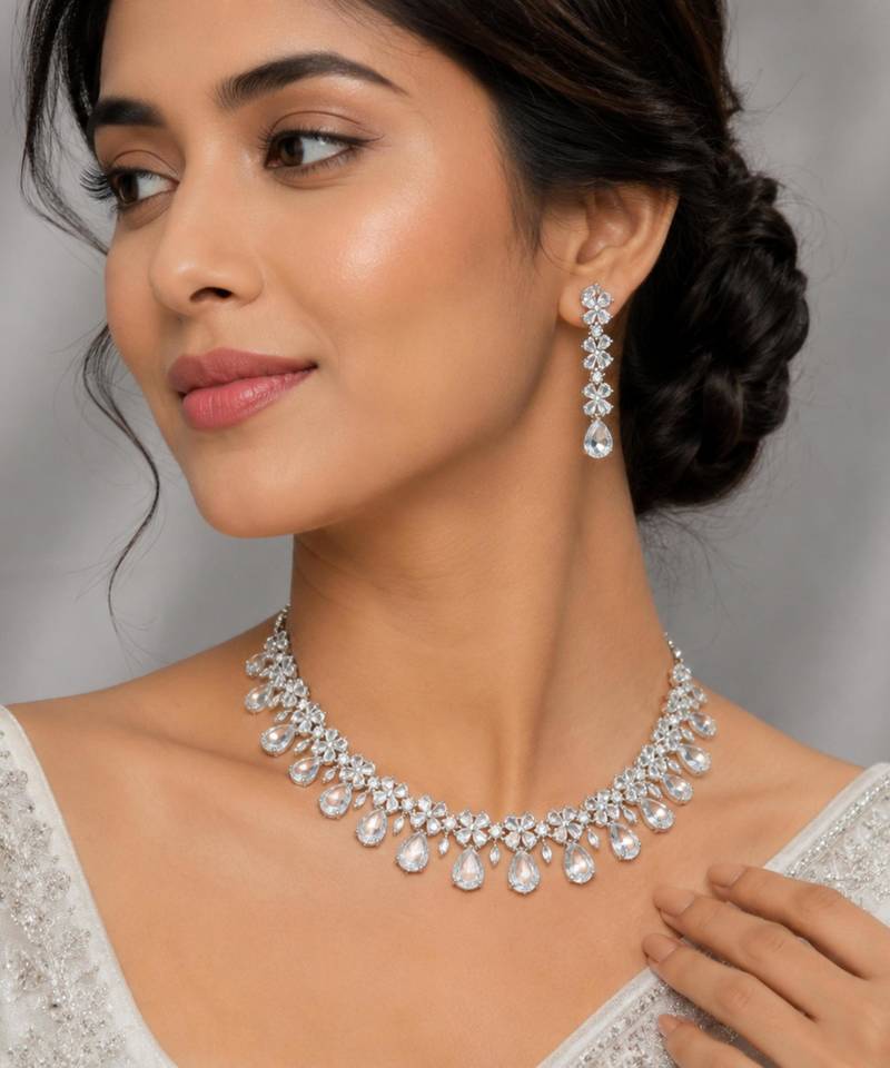 White ad & agate stone designer necklace set with earrings – rhodium plated