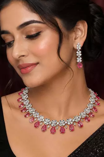 Ruby ad & agate stone designer necklace set with earrings – rhodium plated