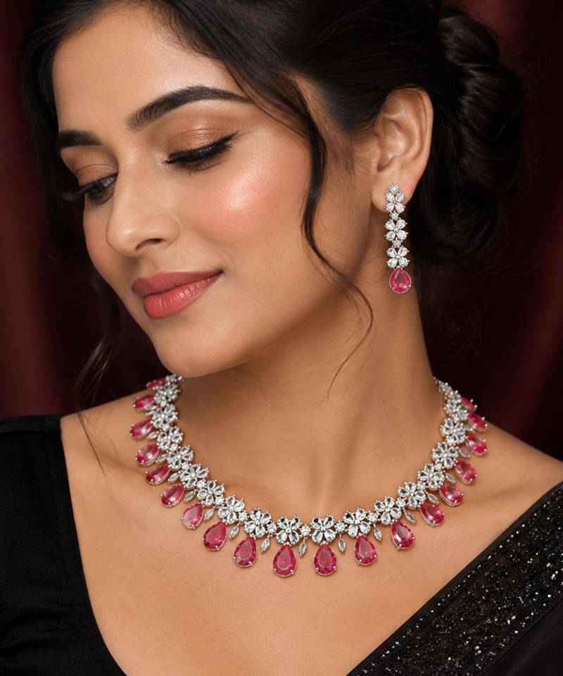 Ruby ad & agate stone designer necklace set with earrings – rhodium plated