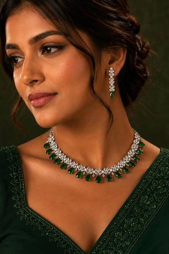 Green ad & agate stone designer necklace set with earrings – rhodium plated