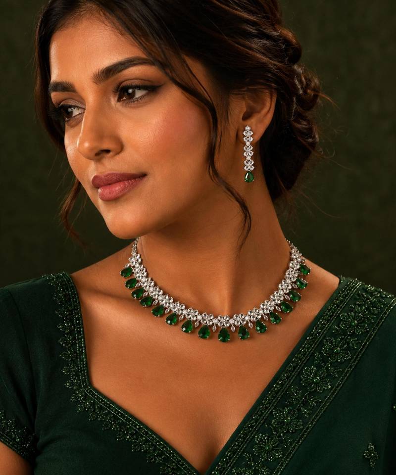 Green ad & agate stone designer necklace set with earrings – rhodium plated