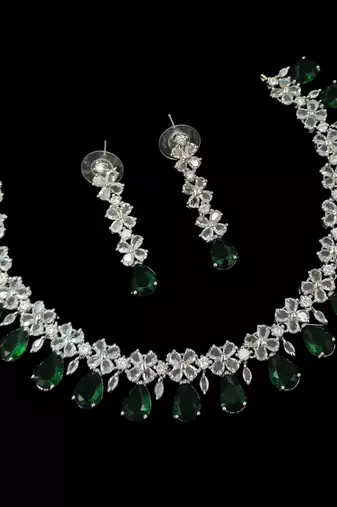 Green ad & agate stone designer necklace set with earrings – rhodium plated