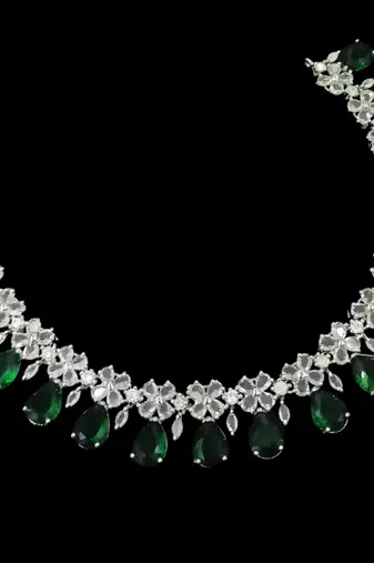 Green ad & agate stone designer necklace set with earrings – rhodium plated