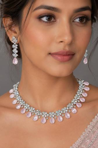 Baby pink ad & agate stone designer necklace set with earrings – rhodium plated