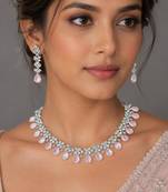 Baby pink ad & agate stone designer necklace set with earrings – rhodium plated
