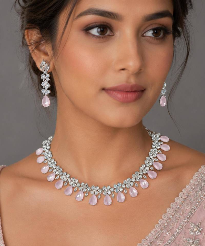 Baby pink ad & agate stone designer necklace set with earrings – rhodium plated
