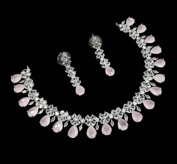 Baby pink ad & agate stone designer necklace set with earrings     rhodium plated 2