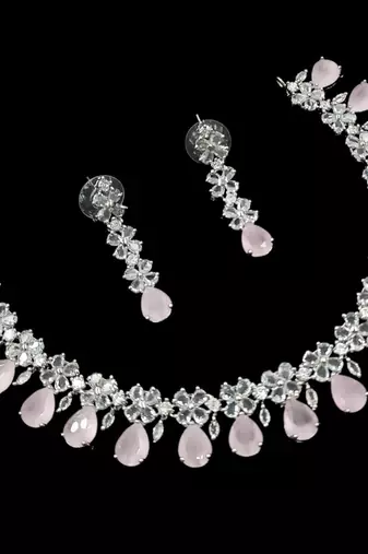 Baby pink ad & agate stone designer necklace set with earrings – rhodium plated