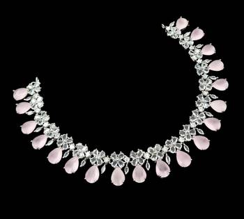 Baby pink ad & agate stone designer necklace set with earrings     rhodium plated 3