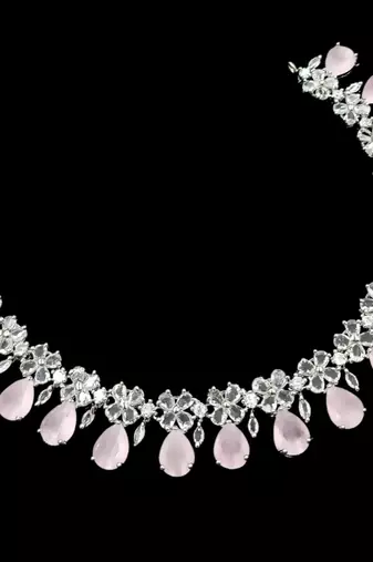 Baby pink ad & agate stone designer necklace set with earrings – rhodium plated