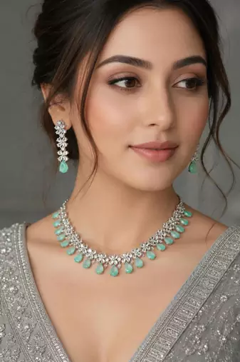 Pista green ad & agate stone designer necklace set with earrings – rhodium plated