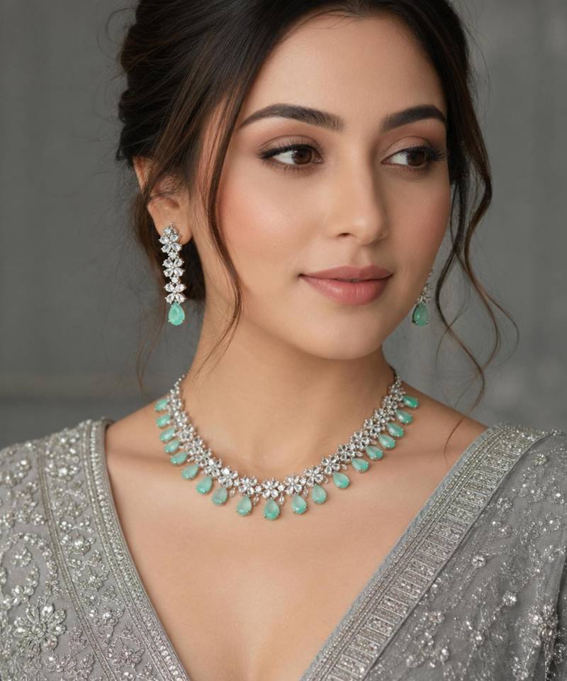 Pista green ad & agate stone designer necklace set with earrings – rhodium plated