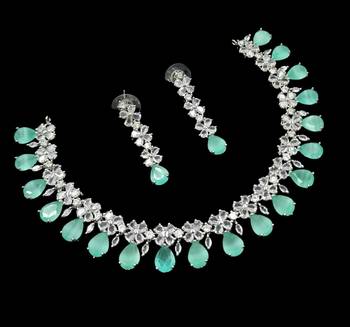 Pista green ad & agate stone designer necklace set with earrings     rhodium plated 2