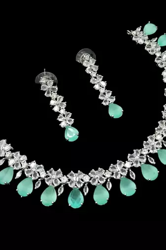 Pista green ad & agate stone designer necklace set with earrings – rhodium plated