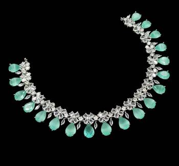Pista green ad & agate stone designer necklace set with earrings     rhodium plated 3