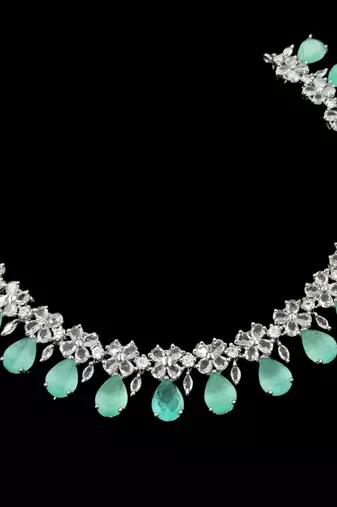 Pista green ad & agate stone designer necklace set with earrings – rhodium plated