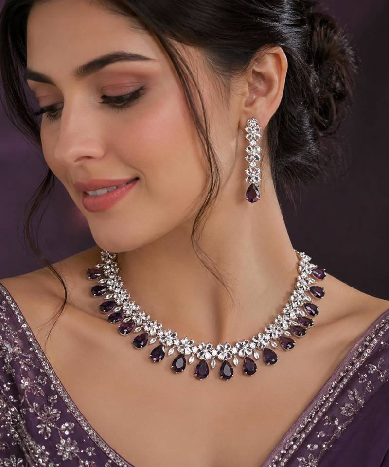 Purple & green ad & agate stone designer necklace set with earrings – rhodium plated