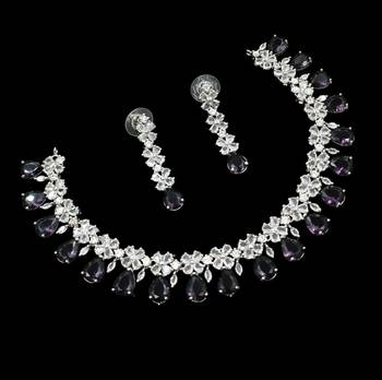 Purple & green ad & agate stone designer necklace set with earrings     rhodium plated 2