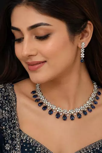 Blue & green ad & agate stone designer necklace set with earrings – rhodium plated