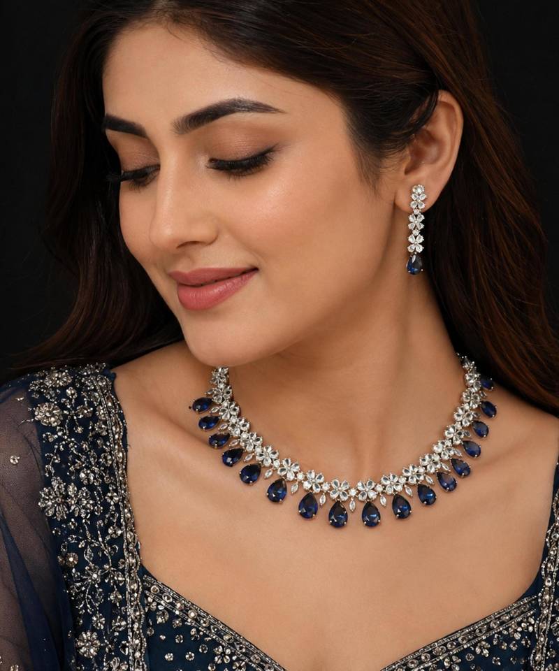 Blue & green ad & agate stone designer necklace set with earrings – rhodium plated