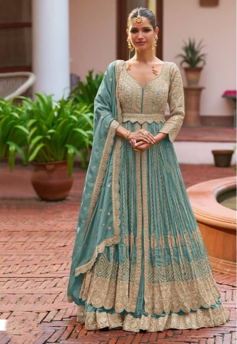 Blue colour Heavy Chinon Embroidered Lehenga Choli with Dupatta