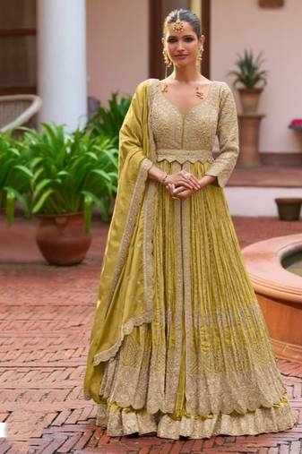 Yellow colour Heavy Chinon Embroidered Lehenga Choli with Dupatta
