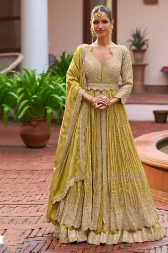 Yellow colour Heavy Chinon Embroidered Lehenga Choli with Dupatta
