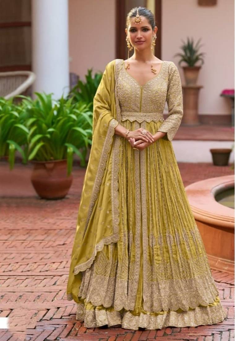 Yellow colour Heavy Chinon Embroidered Lehenga Choli with Dupatta