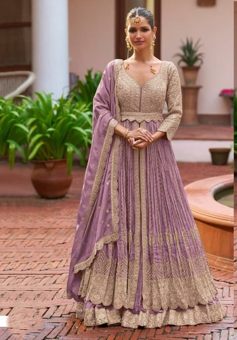 Lavender colour Heavy Chinon Embroidered Lehenga Choli with Dupatta