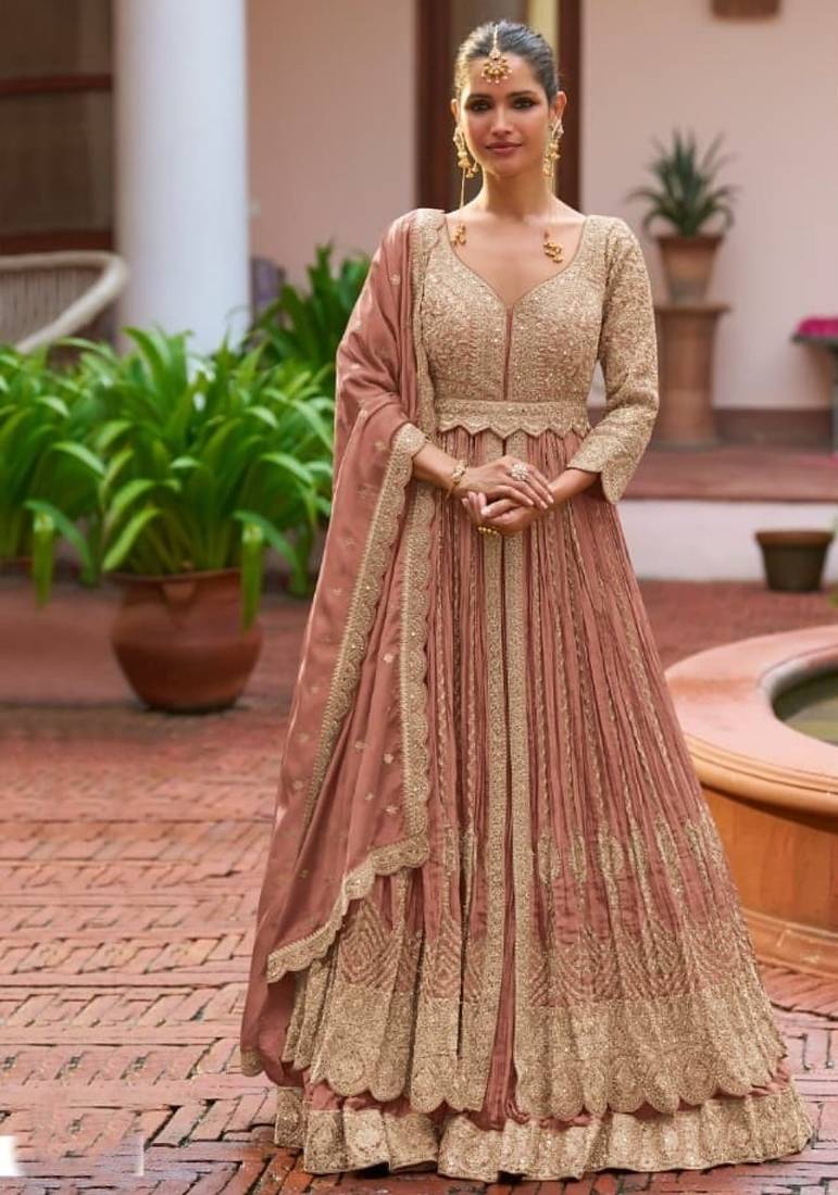 peach colour Heavy Chinon Embroidered Lehenga Choli with Dupatta