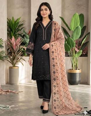 Peach colour roman fabric embroidered kurti palazzo set with organza dupatta 1
