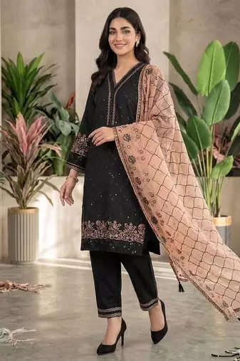 Peach colour roman fabric embroidered kurti palazzo set with organza dupatta