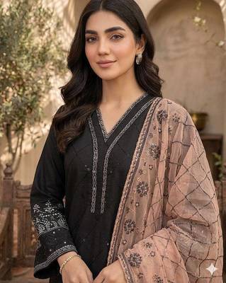 Peach colour roman fabric embroidered kurti palazzo set with organza dupatta 3