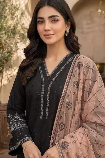 Peach colour roman fabric embroidered kurti palazzo set with organza dupatta