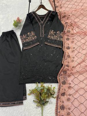 Peach colour roman fabric embroidered kurti palazzo set with organza dupatta 4