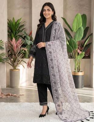 Grey colour roman fabric embroidered kurti palazzo set with organza dupatta 2