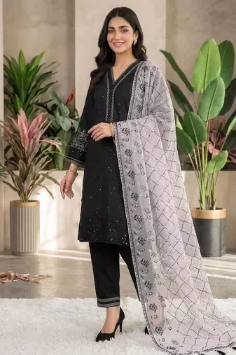 Grey colour roman fabric embroidered kurti palazzo set with organza dupatta
