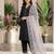 Grey colour roman fabric embroidered kurti palazzo set with organza dupatta