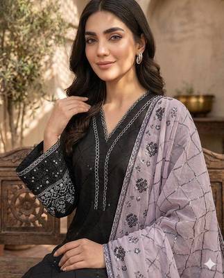 Grey colour roman fabric embroidered kurti palazzo set with organza dupatta 3