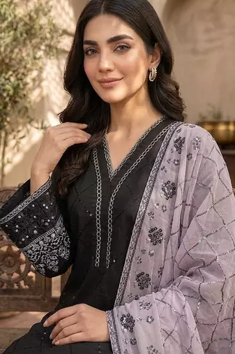 Grey colour roman fabric embroidered kurti palazzo set with organza dupatta