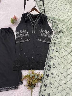 Grey colour roman fabric embroidered kurti palazzo set with organza dupatta 4