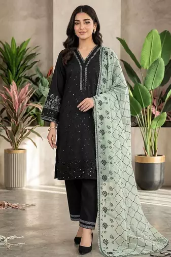 Green colour roman fabric embroidered kurti palazzo set with organza dupatta