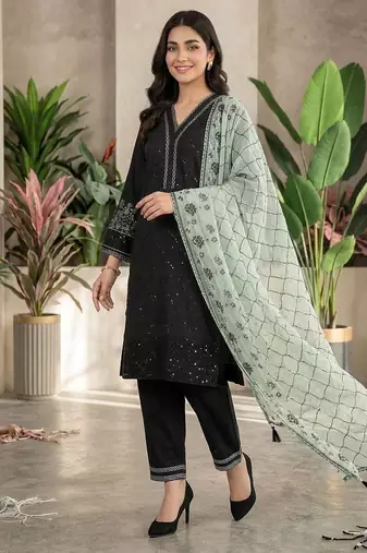 Green colour roman fabric embroidered kurti palazzo set with organza dupatta