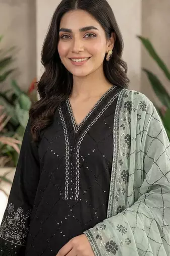 Green colour roman fabric embroidered kurti palazzo set with organza dupatta