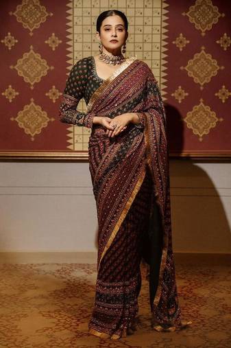 Maroon colour soft georgette mirror work saree