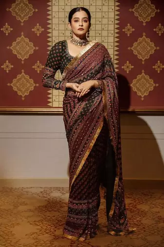 Maroon colour soft georgette mirror work saree