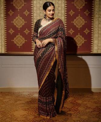 Maroon colour soft georgette mirror work saree 2