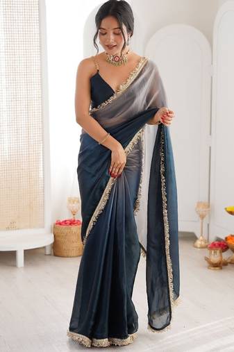 Navy blue colour fendy satin shaded saree with lace border & unstitched blouse