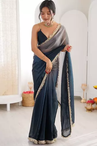 Navy blue colour fendy satin shaded saree with lace border & unstitched blouse